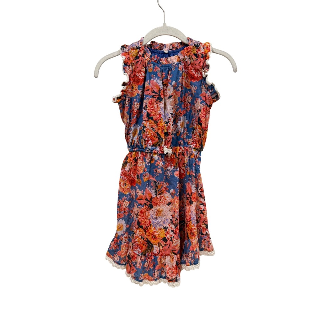 Zimmermann Kids Floral Cotton Ruffle Dress Blue Orange Lace Trim Sleeveless